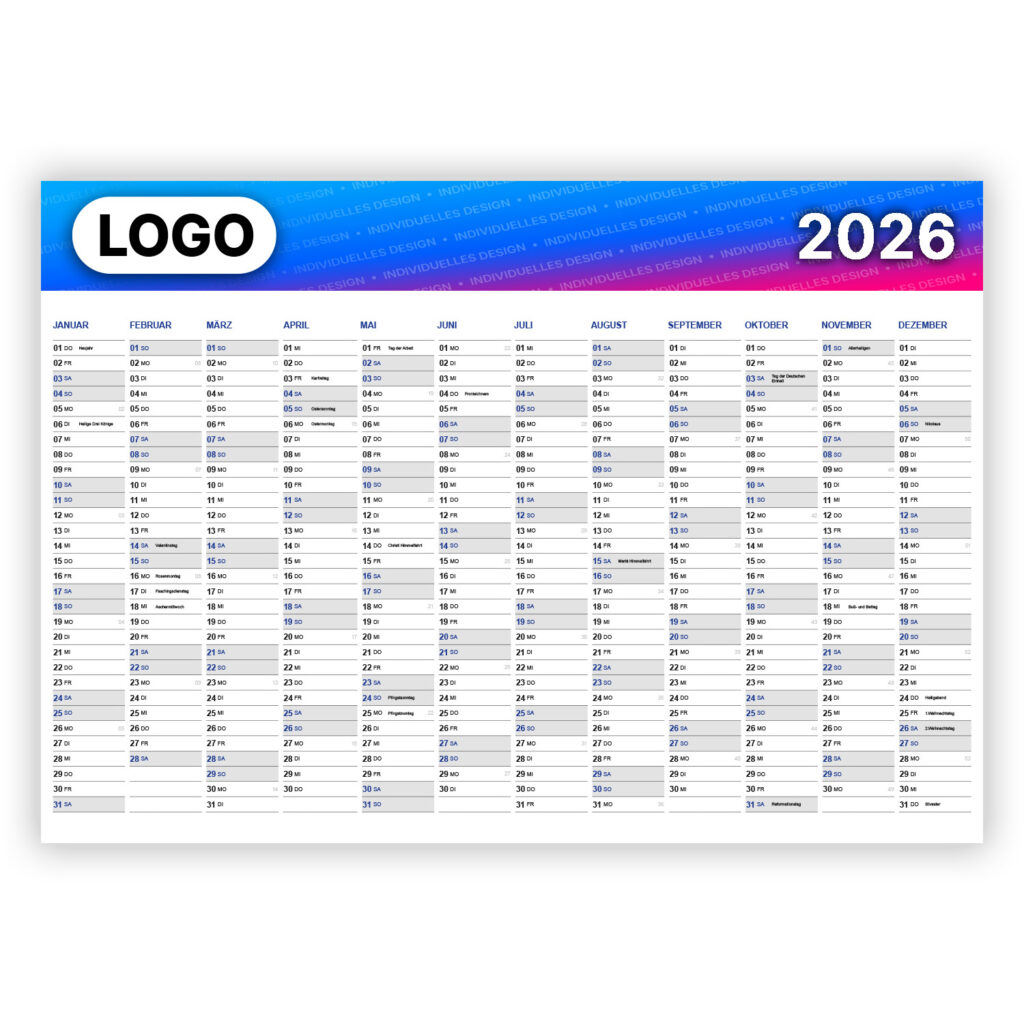 Wandkalender mit eigenem Logo 2026: Detail der Werbefläche. Kalender einfach bedrucken.